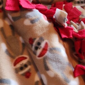Fleece Sock Monkey Print Tie-Blanket with Red Ties